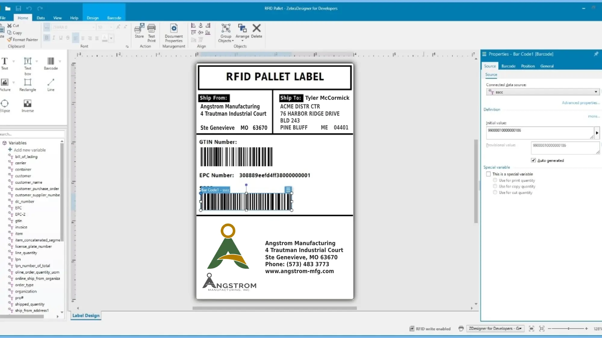 A picture of Zebra Designer software with a custom label file visible.